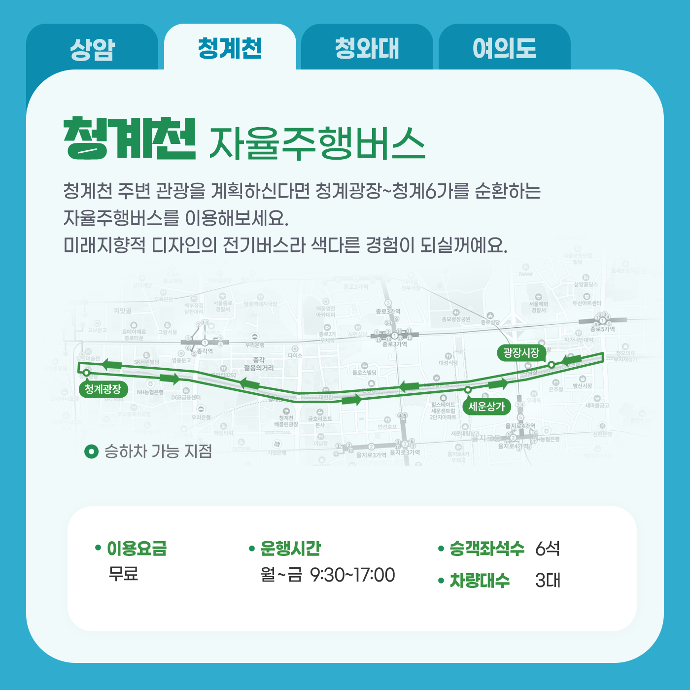 청계천 자율주행버스; 청계천 주변 관광을 계획하신다면 청계광장~청계6가를 순환하는 자율주행버스를 이용해보세요. 미래지향적 디자인의 전기버스라 색다른 경험이 되실꺼예요. 승하차가능지점: 광장시장, 청계광장, 세운상가; 이용요금: 무료; 운행시간: 월~금 9:30~17:00; 승객좌석수: 6석; 차량대수: 3대